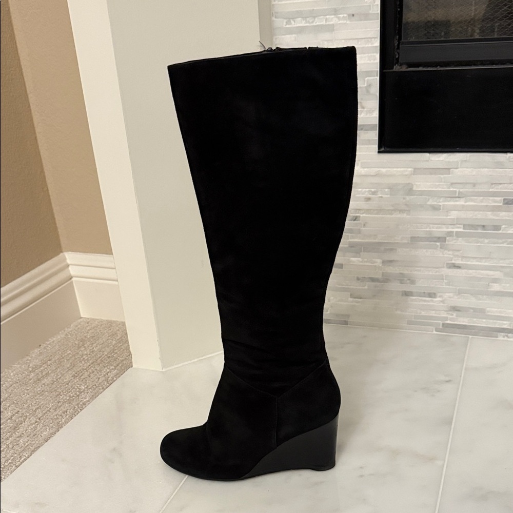 Cole Haan Cora Black Suede Wedge Tall Boots, size 8.5.
